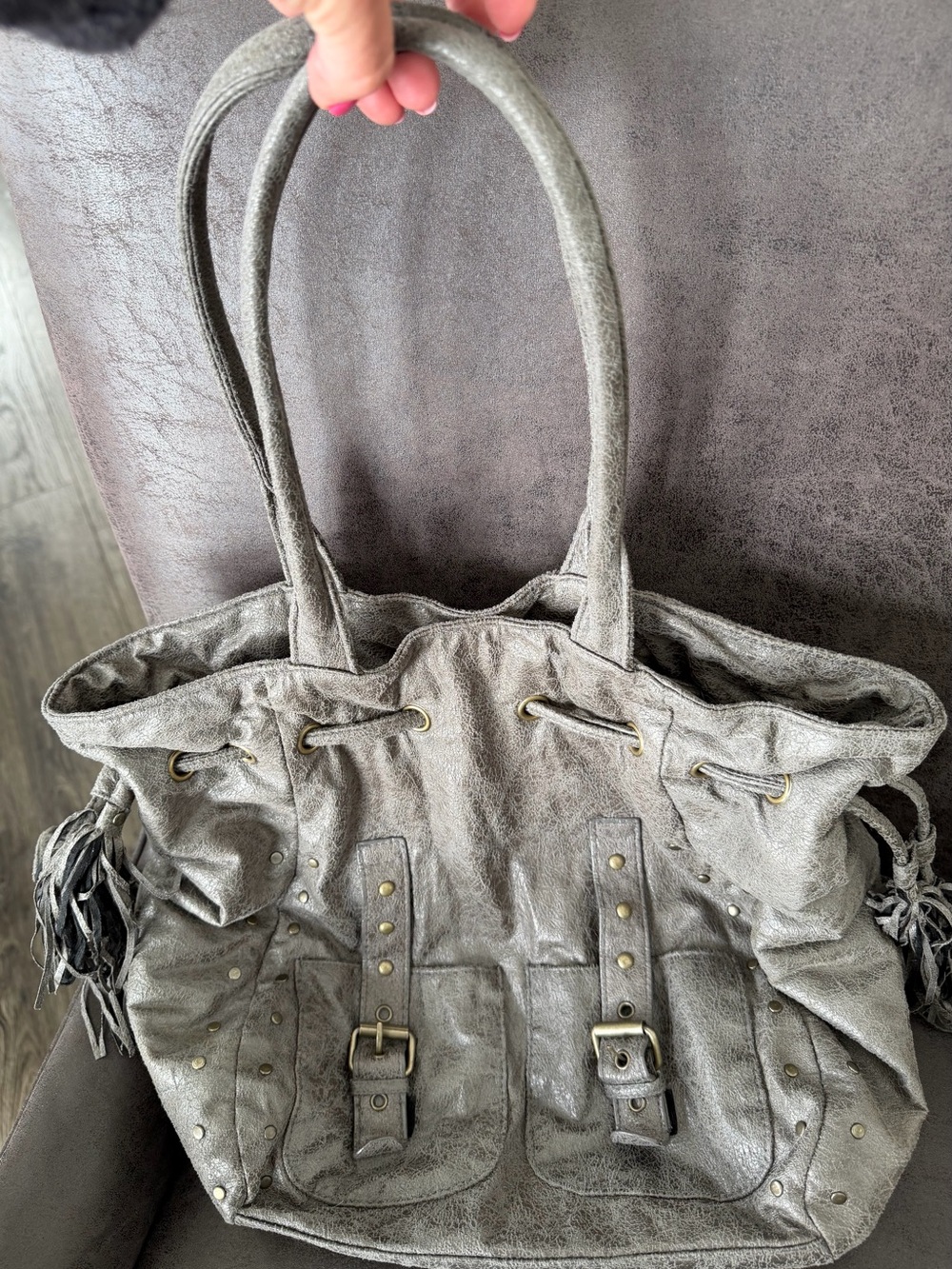Gray Studded Shoulder Tote Bag with Tassel Detail